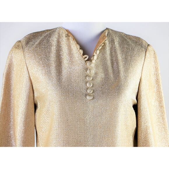 Vintage 1960s Gold-Silver Long Sleeved Dress with Button Detailing Medium - Picture 2 of 10